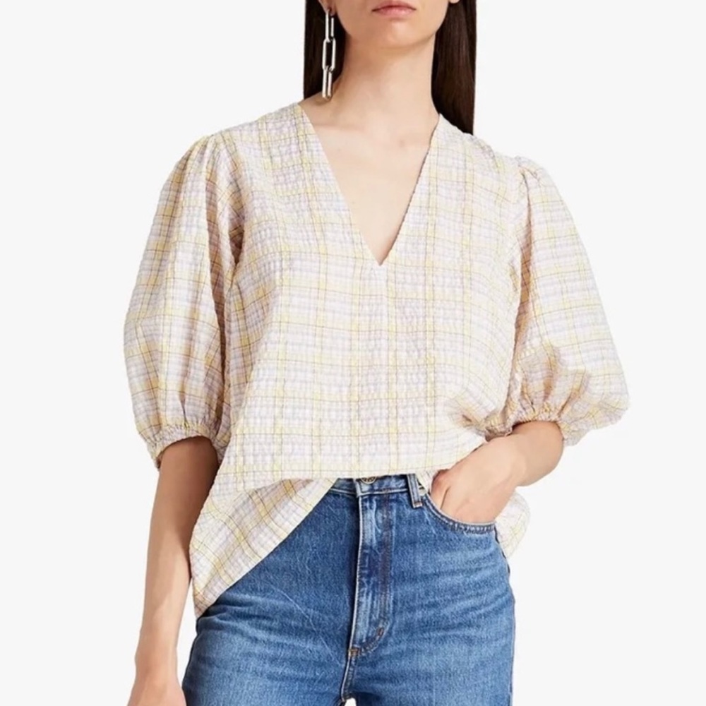 GANNI | Puff Sleeve V-Neck Plaid Check Seersucker Top